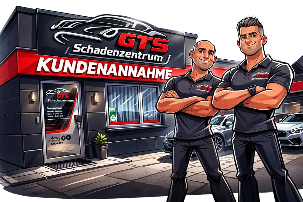 GTS Schadenzentrum Berlin - Kfz-Werkstatt Comiczeichnung Inhaber Tahir und Geschäftsleitung Marco vor dem Kundenempfang